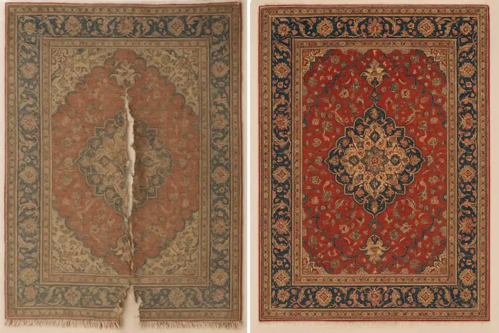 قبل و بعد رفوگری بید زدگی فرش