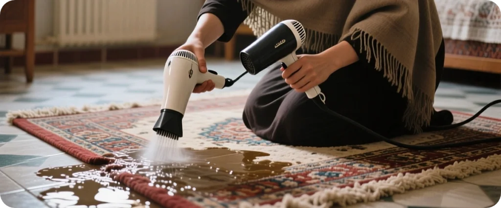 خشک کردن فرش با سشوار - قالیشویی مجیدیه تهران